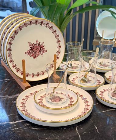 18 Parça Modern Regaria Pink Flower Pasta Çay Saati Seti