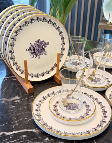 18 Parça Modern Regaria Purple Flower Pasta Çay Saati Seti