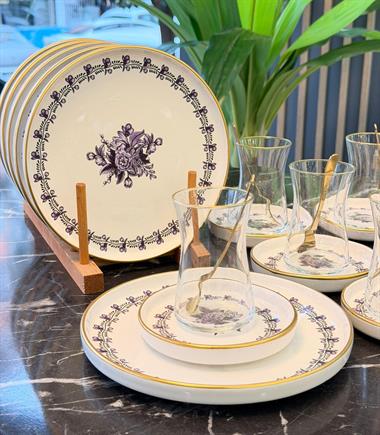 18 Parça Modern Regaria Purple Flower Pasta Çay Saati Seti