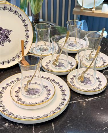 18 Parça Modern Regaria Purple Flower Pasta Çay Saati Seti