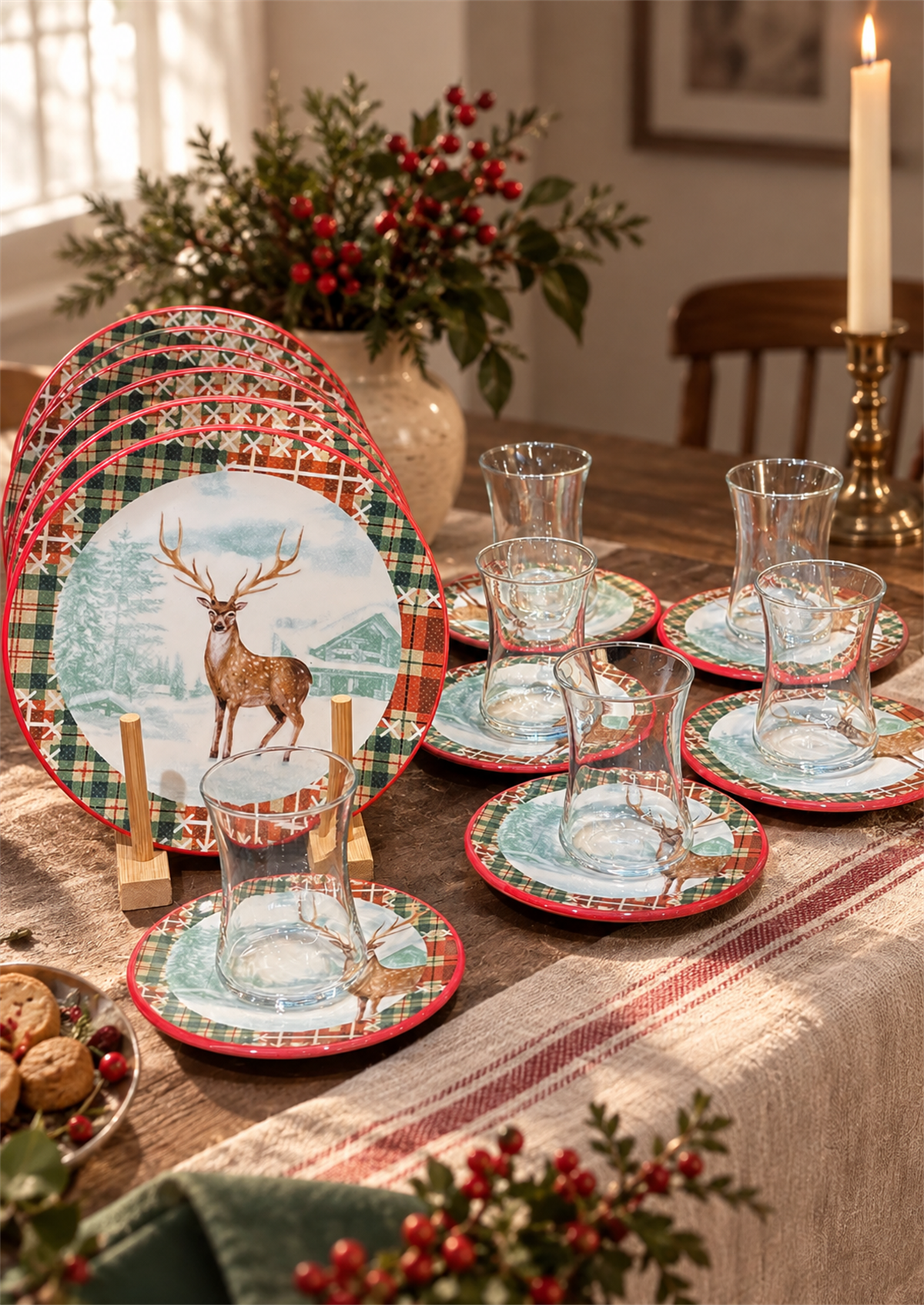 18 Parça Winter Deer Porselen Çay & Pasta Seti