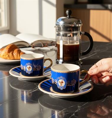 2 Kişilik Bird Blue Double Kahve Fincanı