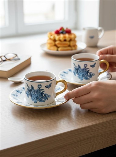 2 Kişilik Double Amber Bloom Blue Kahve Fincanı