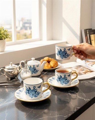 2 Kişilik Double Amber Bloom Blue Kahve Fincanı