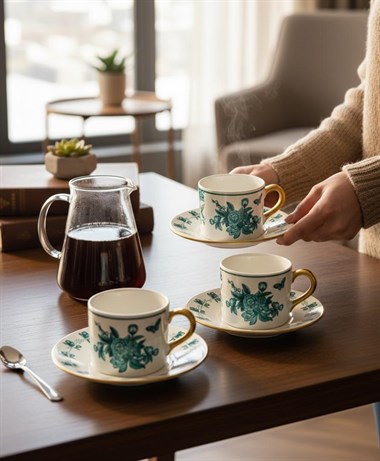 2 Kişilik Double Amber Bloom Green Kahve Fincanı