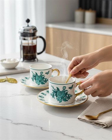 2 Kişilik Double Amber Bloom Green Kahve Fincanı