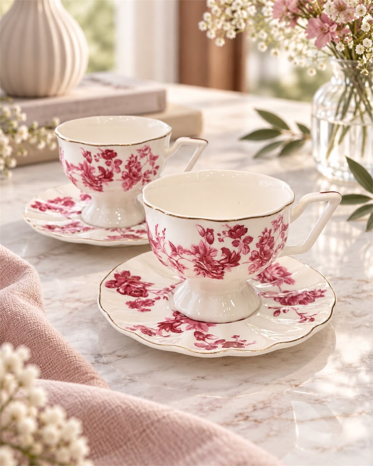 2 Kişilik Vintage Pink Kahve Fincanı Seti