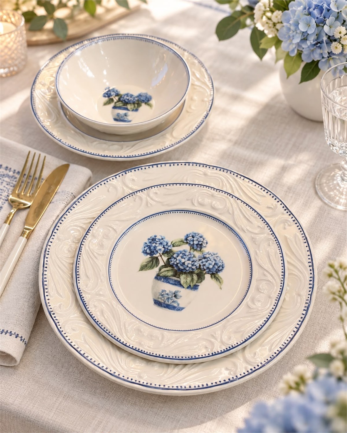 24 Parça 6 Kişilik Vintage Hydrangea Yemek Takımı