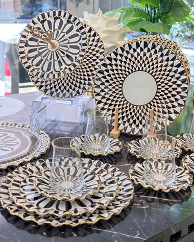 28 Parça Sold Destina Siyah Altın Yaldızlı 6 Kişilik Pasta Çay Servis İkram Takımı