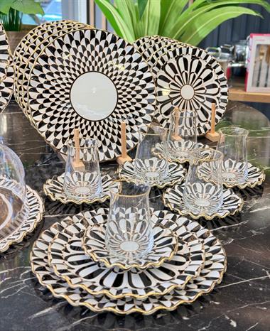 28 Parça Sold Destina Siyah Altın Yaldızlı 6 Kişilik Pasta Çay Servis İkram Takımı