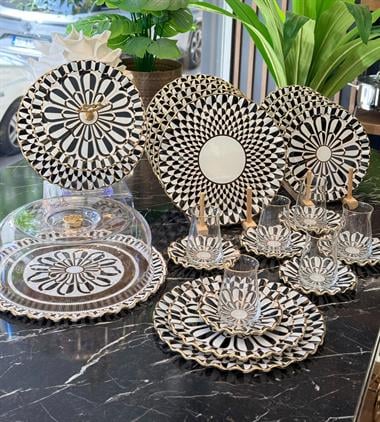 28 Parça Sold Destina Siyah Altın Yaldızlı 6 Kişilik Pasta Çay Servis İkram Takımı