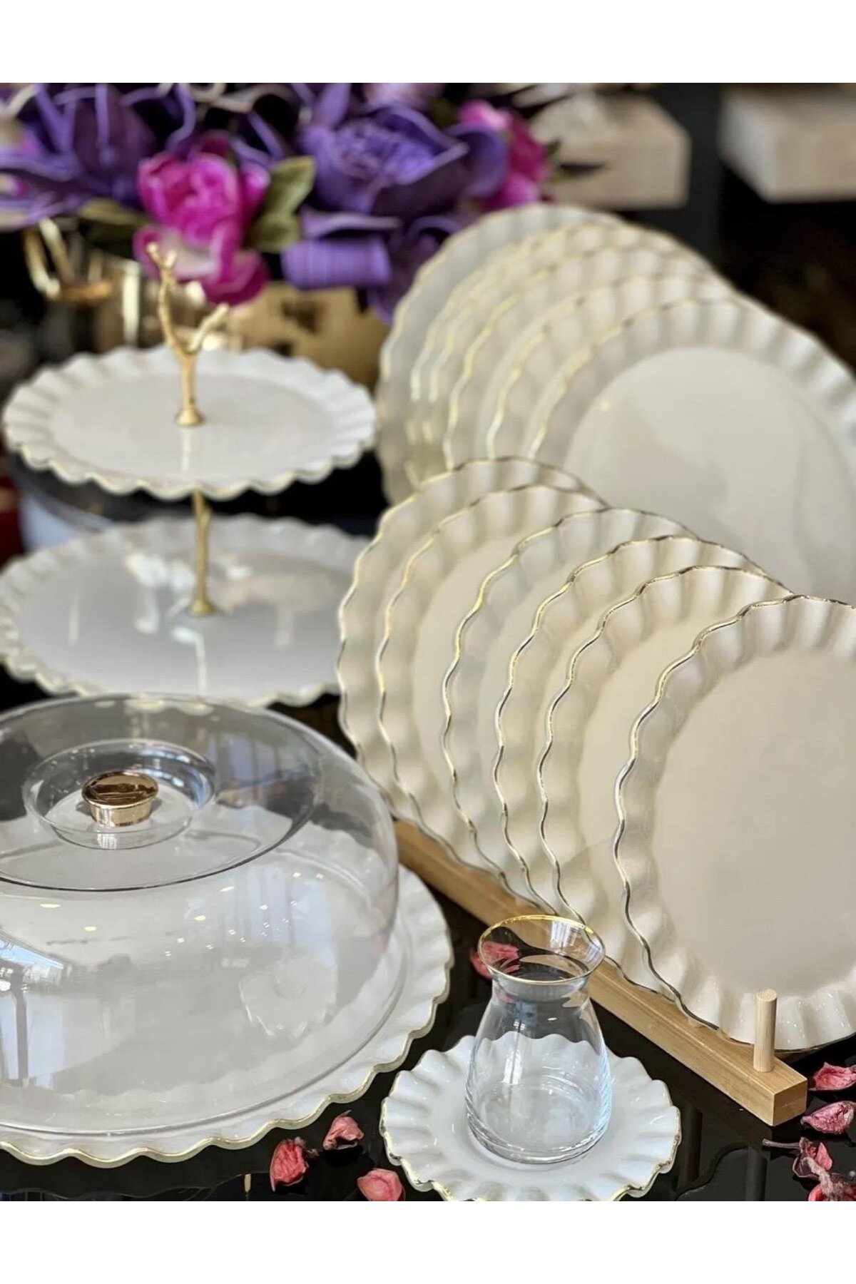 34 Parça Solid Krem Altın Yaldızlı 6 Kişilik Pasta Çay Servis İkram Takımı