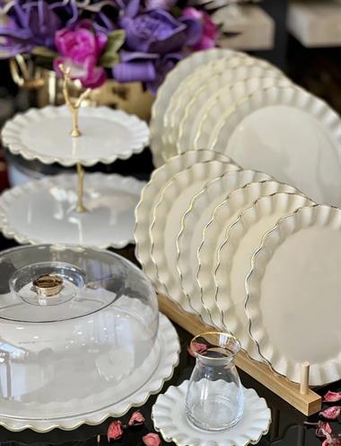 28 Parça Solid Krem Altın Yaldızlı 6 Kişilik Pasta Çay Servis İkram Takımı