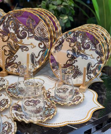 28 Parça Solid Sartre Gold Yaldızlı 6 Kişilik Pasta Çay Servis İkram Takımı