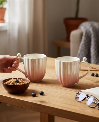 2li Hediye Kutulu İncili Porselen Kupa Seti Pembe