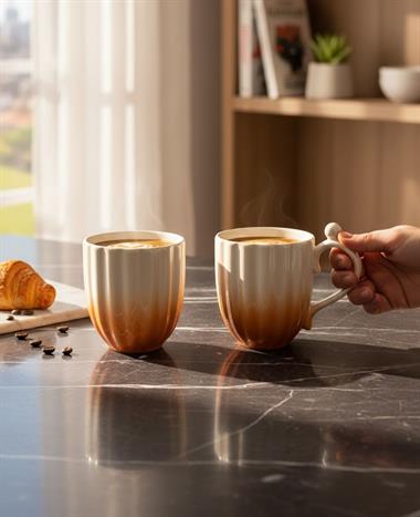 2li Hediye Kutulu İncili Porselen Kupa Seti Kahverengi