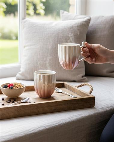 2li Hediye Kutulu İncili Porselen Kupa Seti Pembe