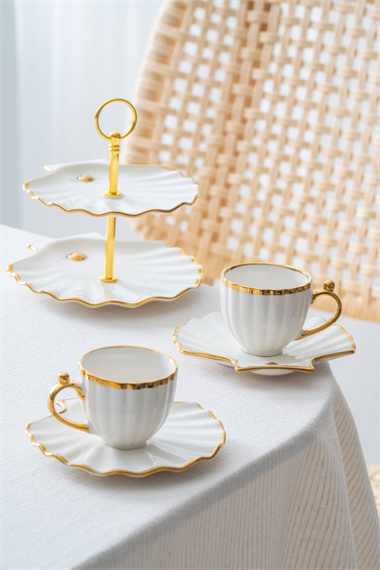 2li İkramlı İnci Porselen Kahve Fincanı Gold