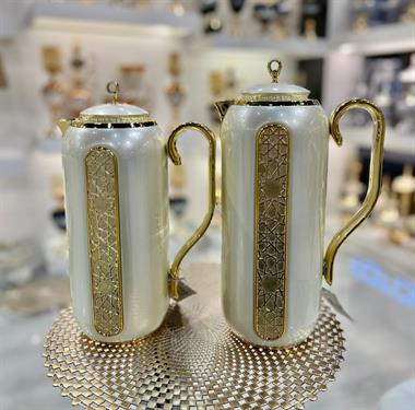 2li Lüks Taşlı Termos İnci Beyaz Gold