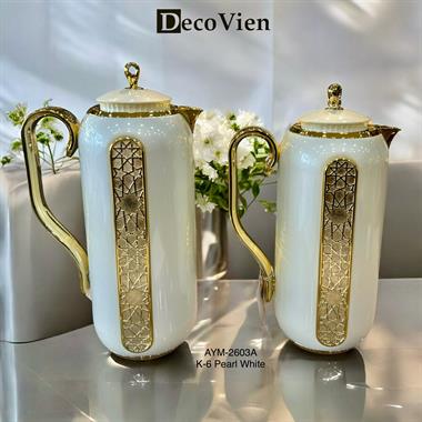 2li Lüks Taşlı Termos İnci Beyaz Gold