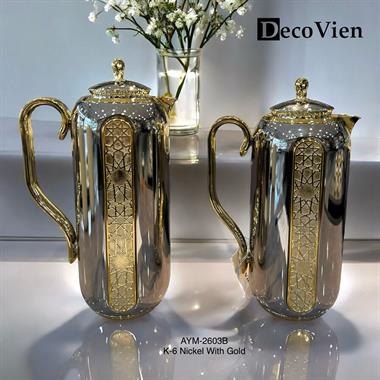 2li Lüks Taşlı Termos Parlak Nikel Gold