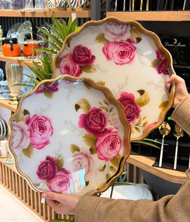 2li Pink White Rose Lüks Tepsi