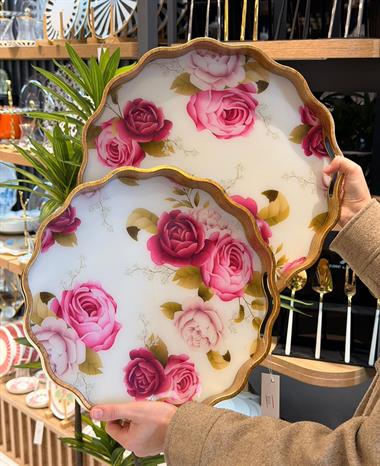 2li Pink White Rose Lüks Tepsi