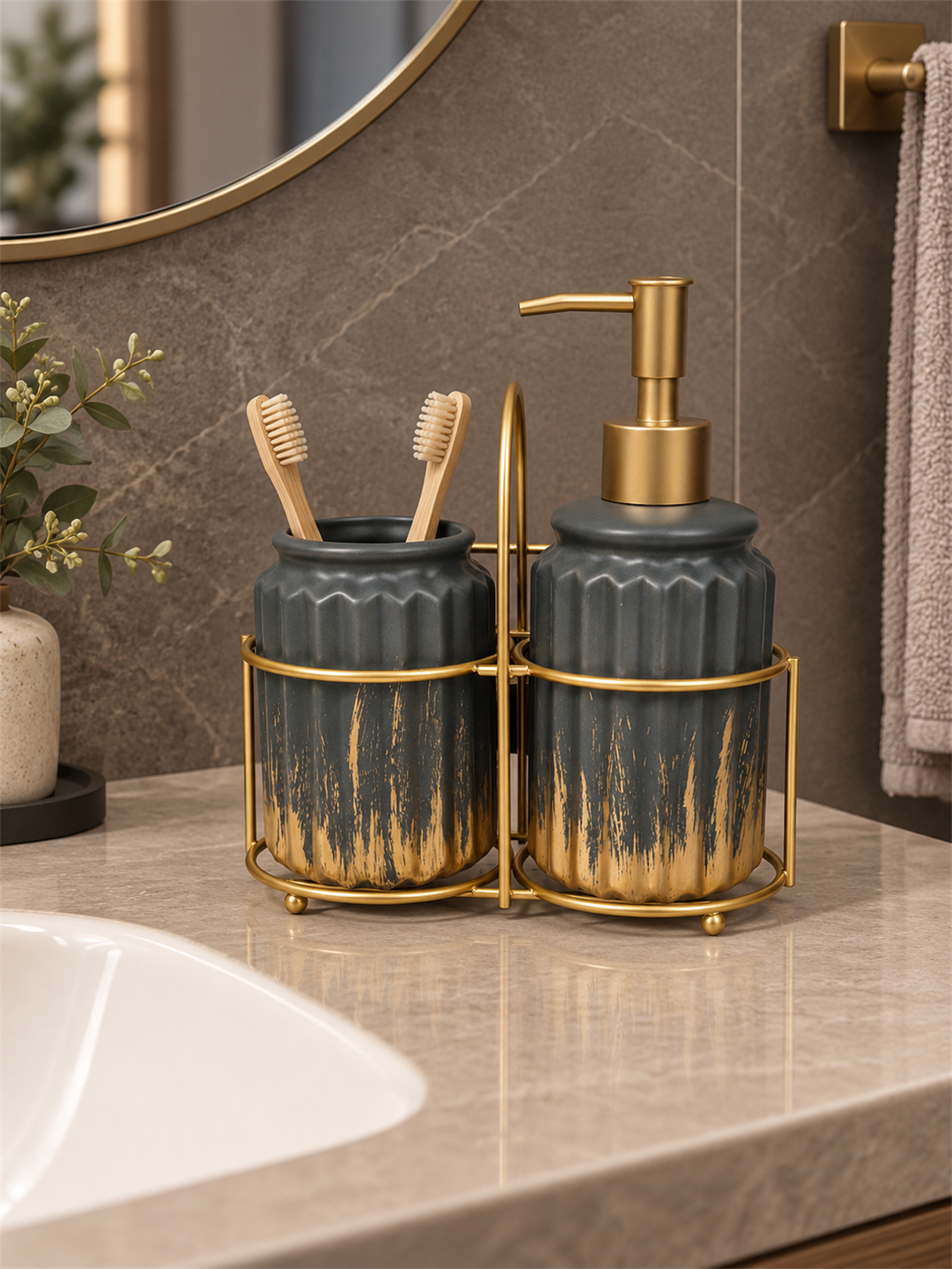 3 Parça Liva Banyo Seti - Antrasit Gold