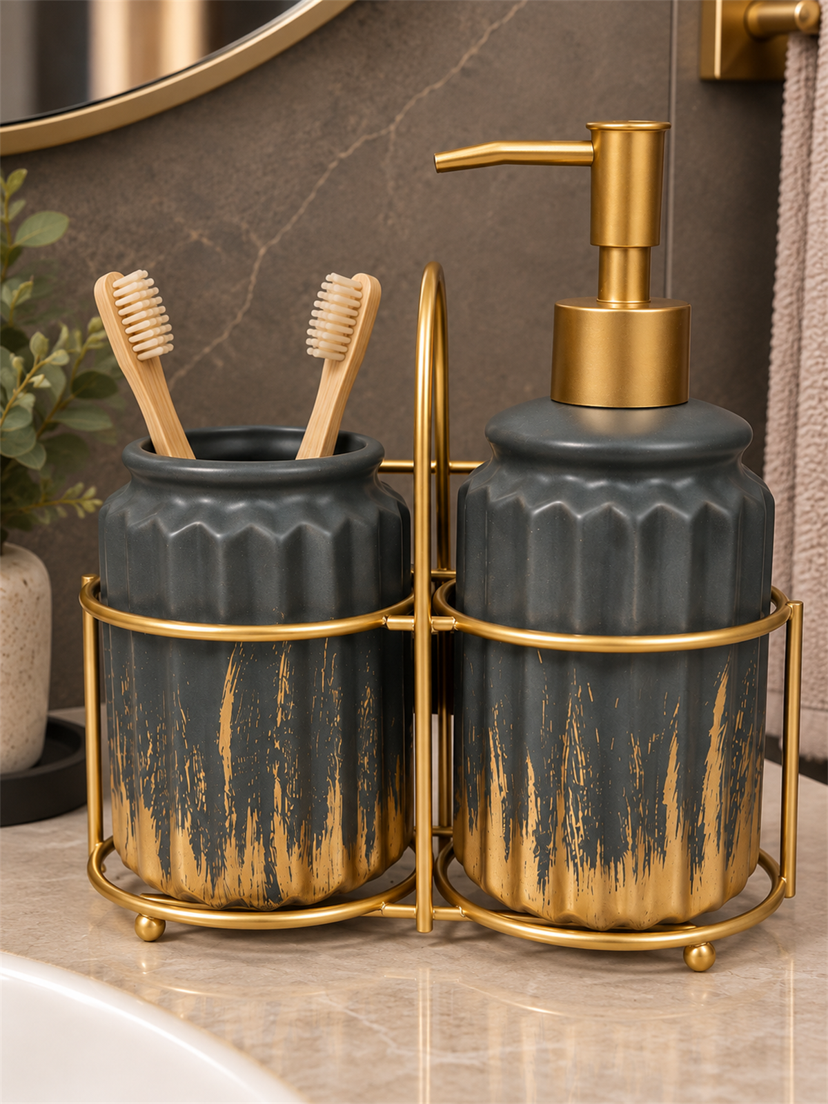 3 Parça Liva Banyo Seti - Antrasit Gold