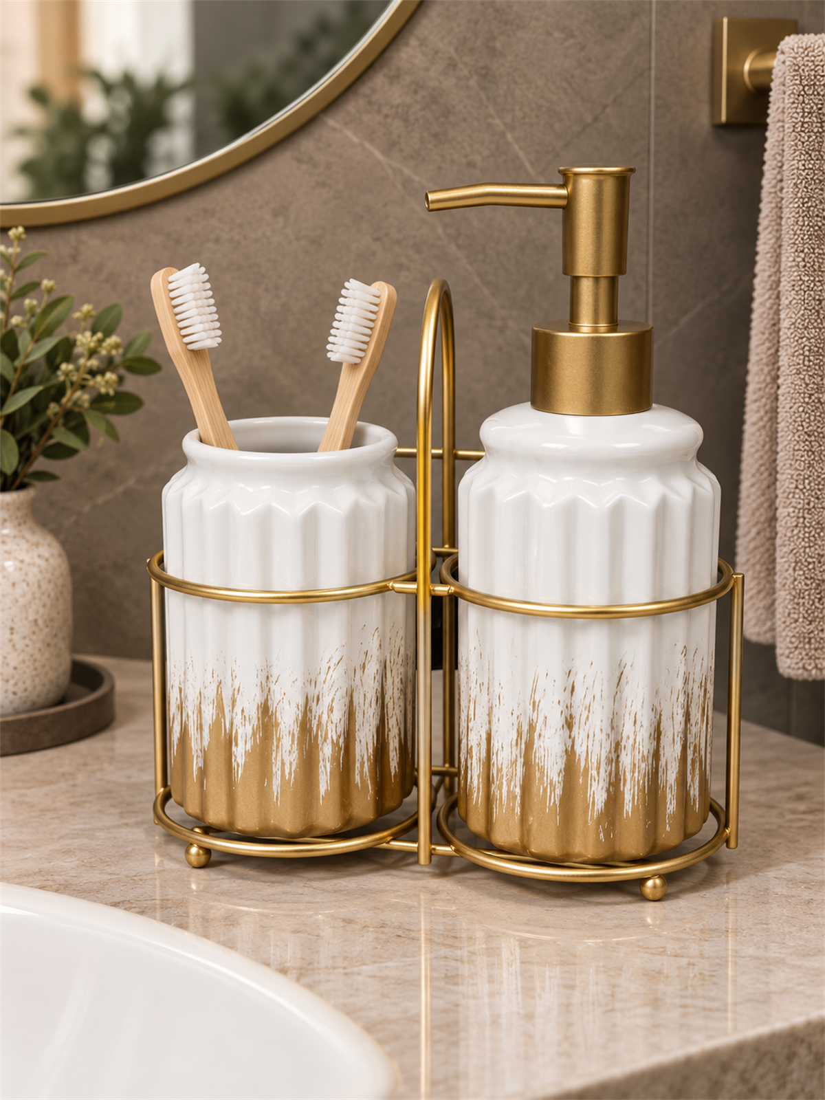 3 Parça Liva Banyo Seti - Beyaz Gold