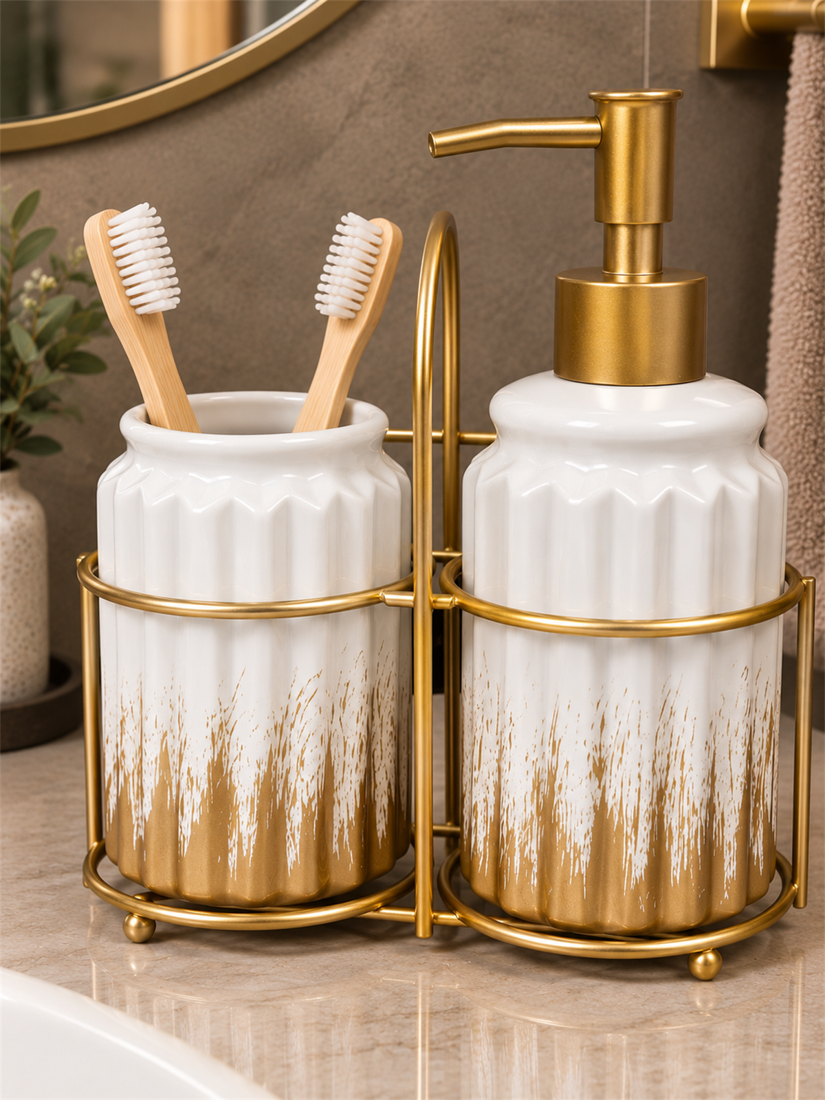 3 Parça Liva Banyo Seti - Beyaz Gold