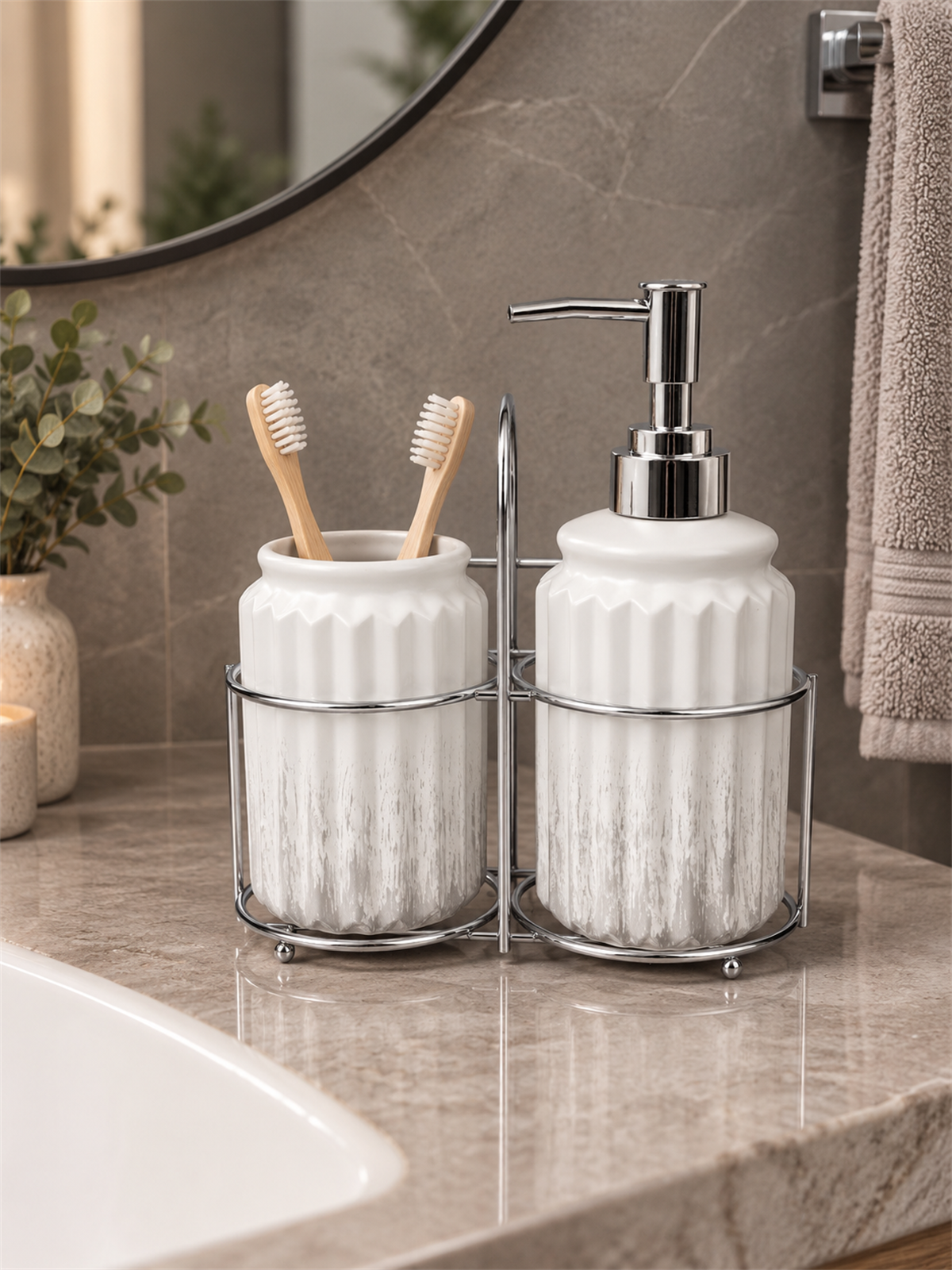 3 Parça Liva Banyo Seti - Beyaz Gümüş