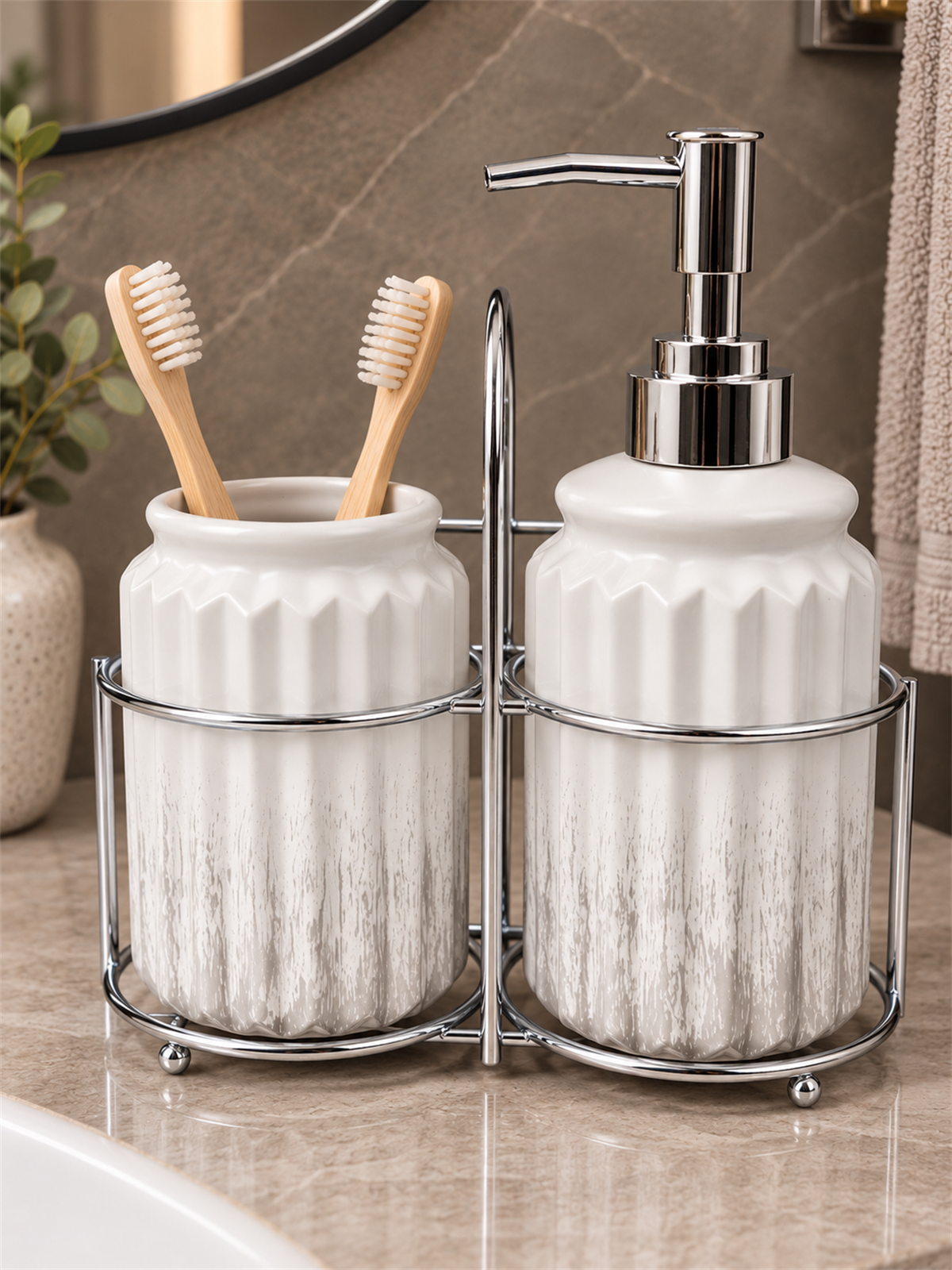 3 Parça Liva Banyo Seti - Beyaz Gümüş