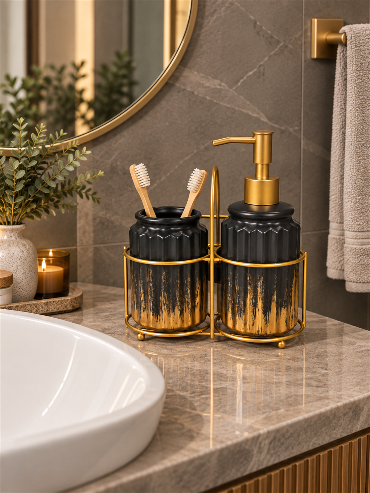 3 Parça Liva Banyo Seti - Siyah Gold