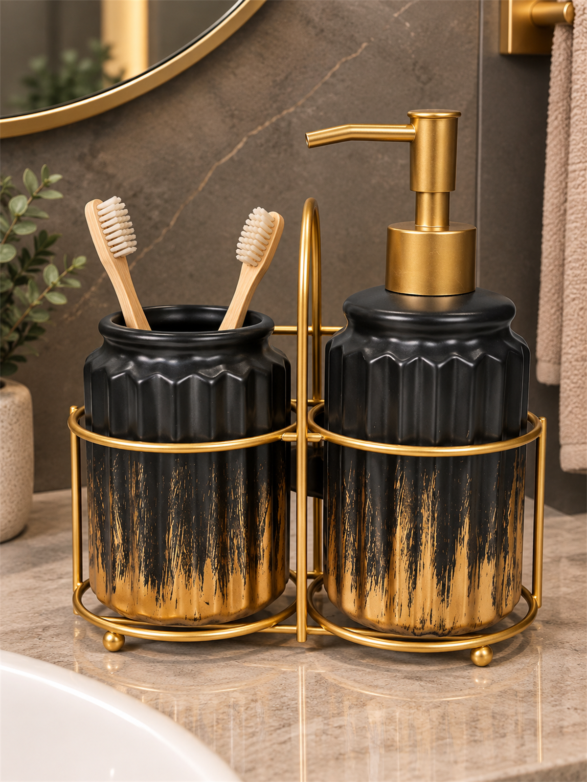 3 Parça Liva Banyo Seti - Siyah Gold