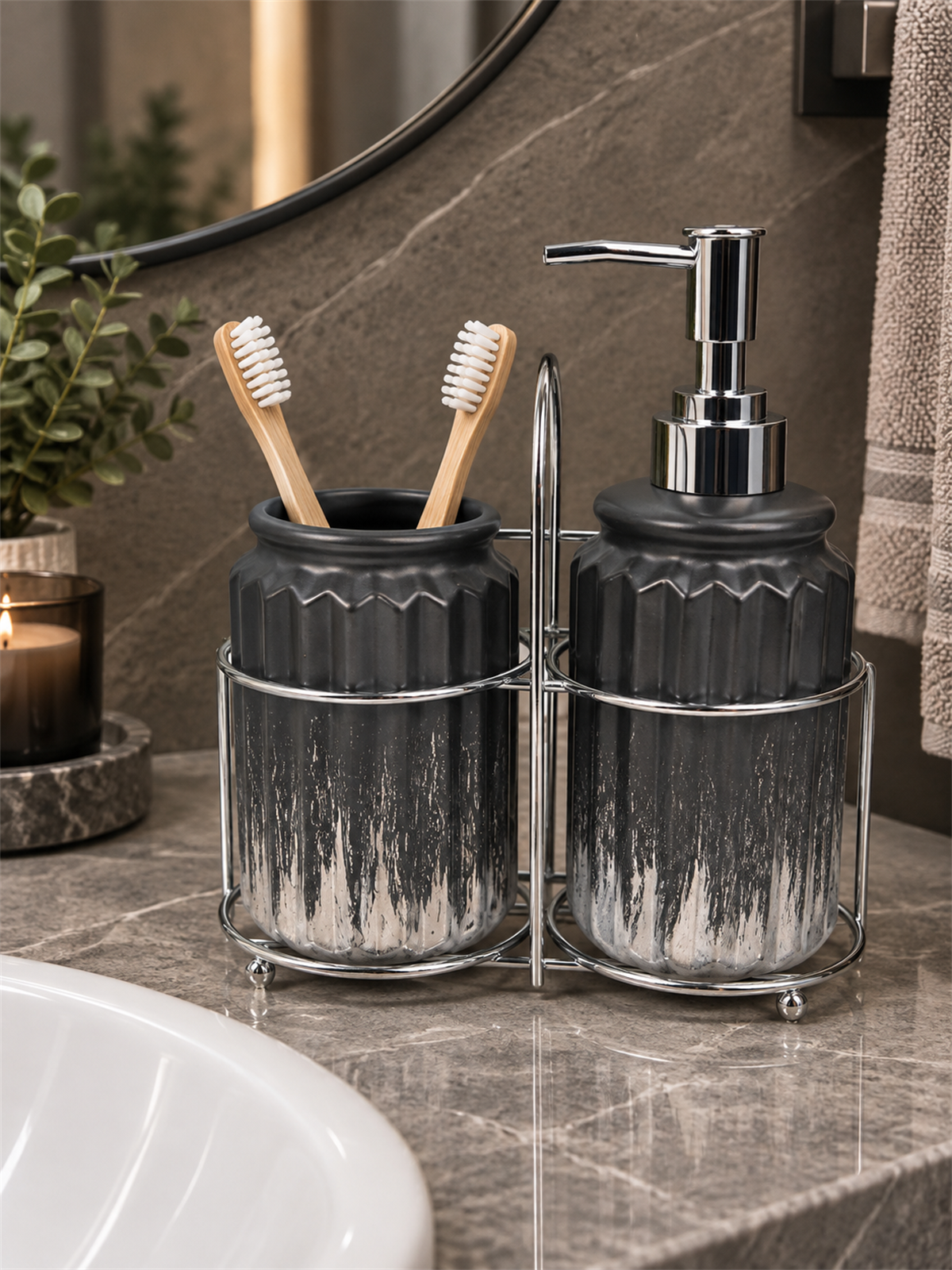 3 Parça Liva Banyo Seti - Siyah Gümüş