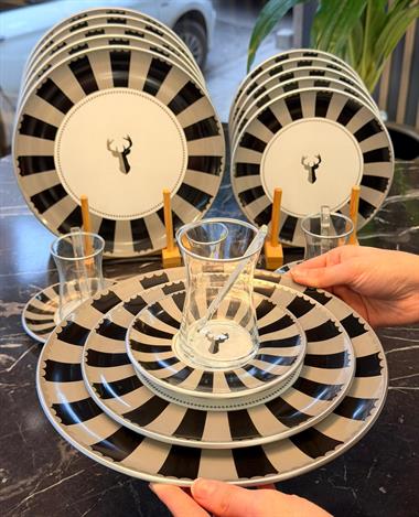30 Parça Black Geyikli Servis Pasta Seti Silver