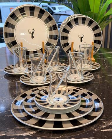 30 Parça Black Geyikli Servis Pasta Seti Silver