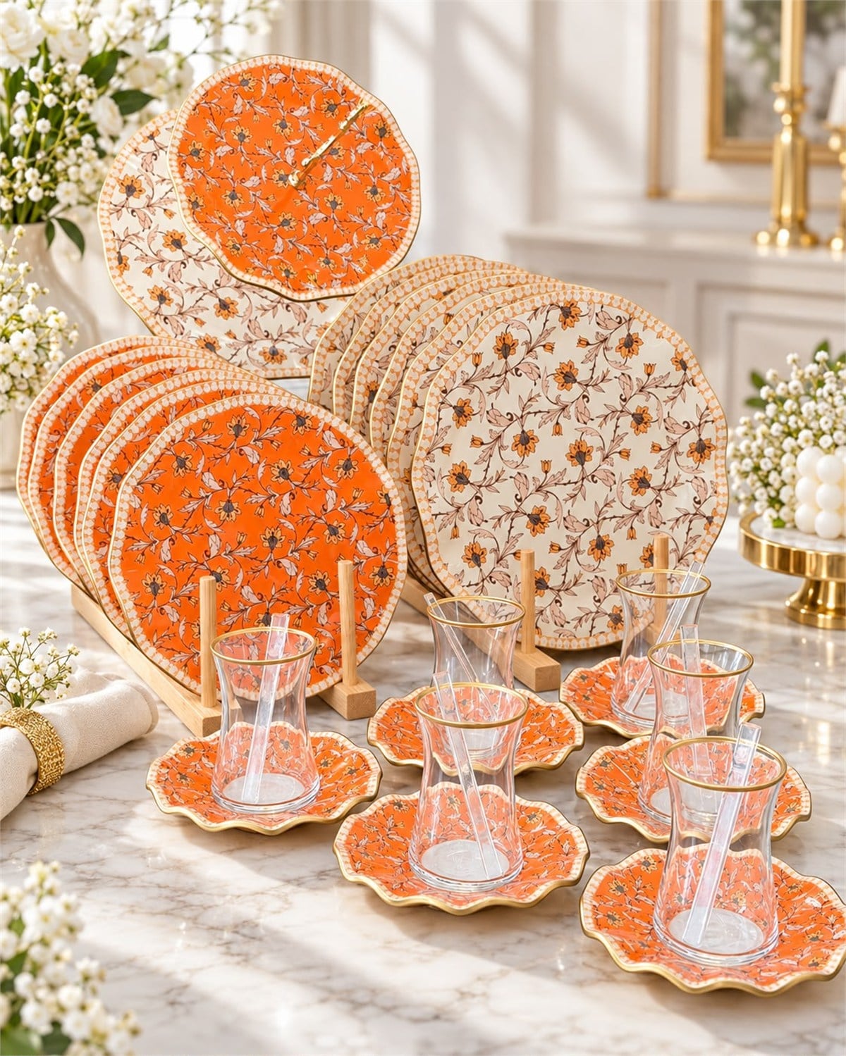 31 Parça Floral Gold Yaldızlı 6 Kişilik Pasta Çay Servis İkram Takımı