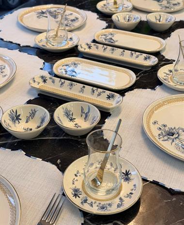 32 Parça Modern Mavi Kuş Kahvaltı Takımı Gold