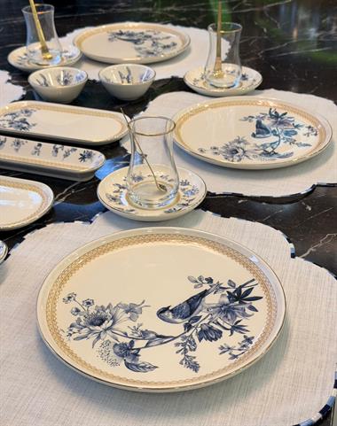 32 Parça Modern Mavi Kuş Kahvaltı Takımı Gold