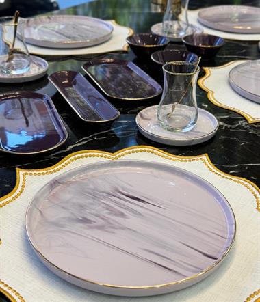 32 Parça Modern Mermer Mürdüm Kahvaltı Takımı Gold