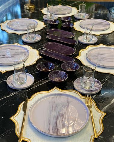 32 Parça Modern Mermer Mürdüm Kahvaltı Takımı Gold