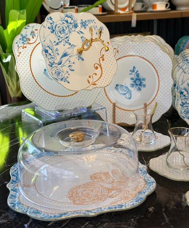 34 Parça Blue Gold Yaldızlı 6 Kişilik Pasta Çay Servis İkram Takımı