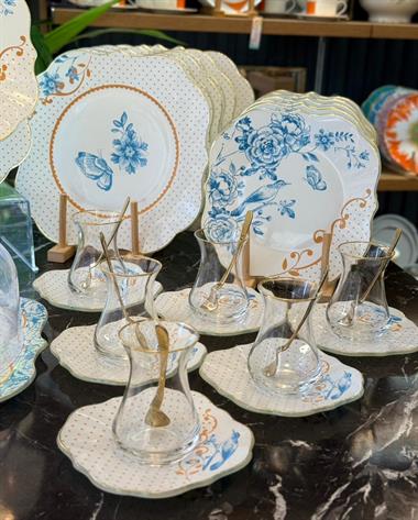 34 Parça Blue Gold Yaldızlı 6 Kişilik Pasta Çay Servis İkram Takımı