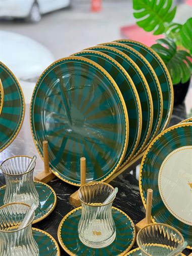 34 Parça Iwon Green Yaldızlı 6 Kişilik Pasta Çay Servis İkram Takımı