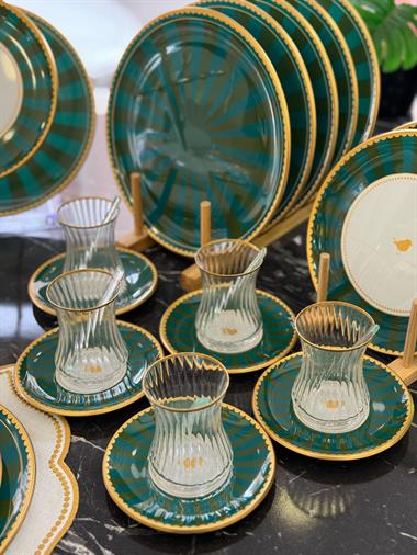 34 Parça Iwon Green Yaldızlı 6 Kişilik Pasta Çay Servis İkram Takımı