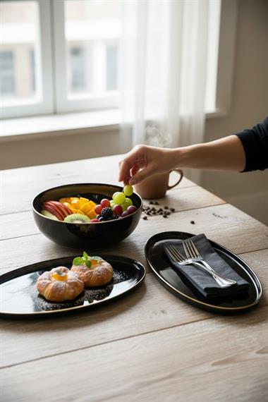 3lü Porselen Modern Sufii Salata Kayık Kase Seti Siyah