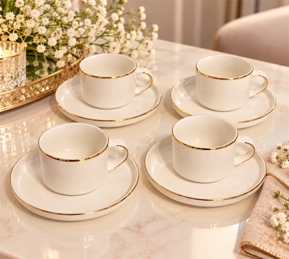 4 Kişilik Porselen Sufi Gold Kahve Fincan Takımı