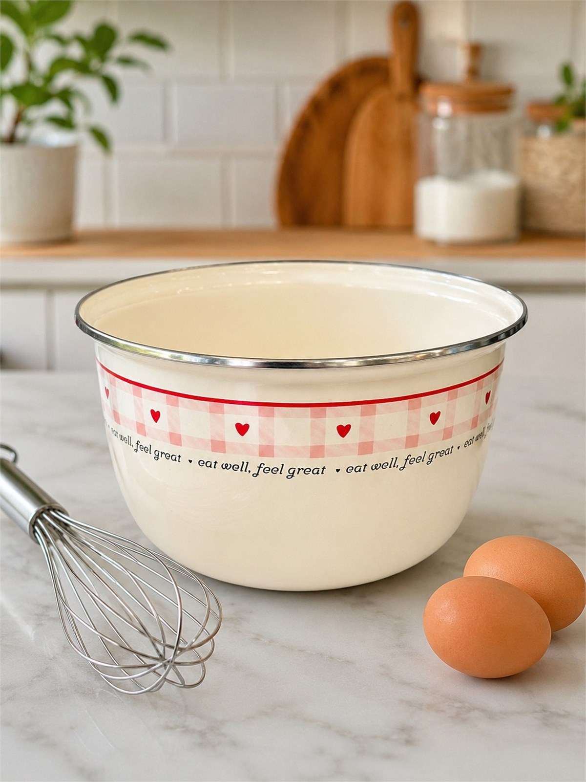 5 Litre Cutie Emaye Karıştırma Kasesi Salata Kabı Kalp Desenli